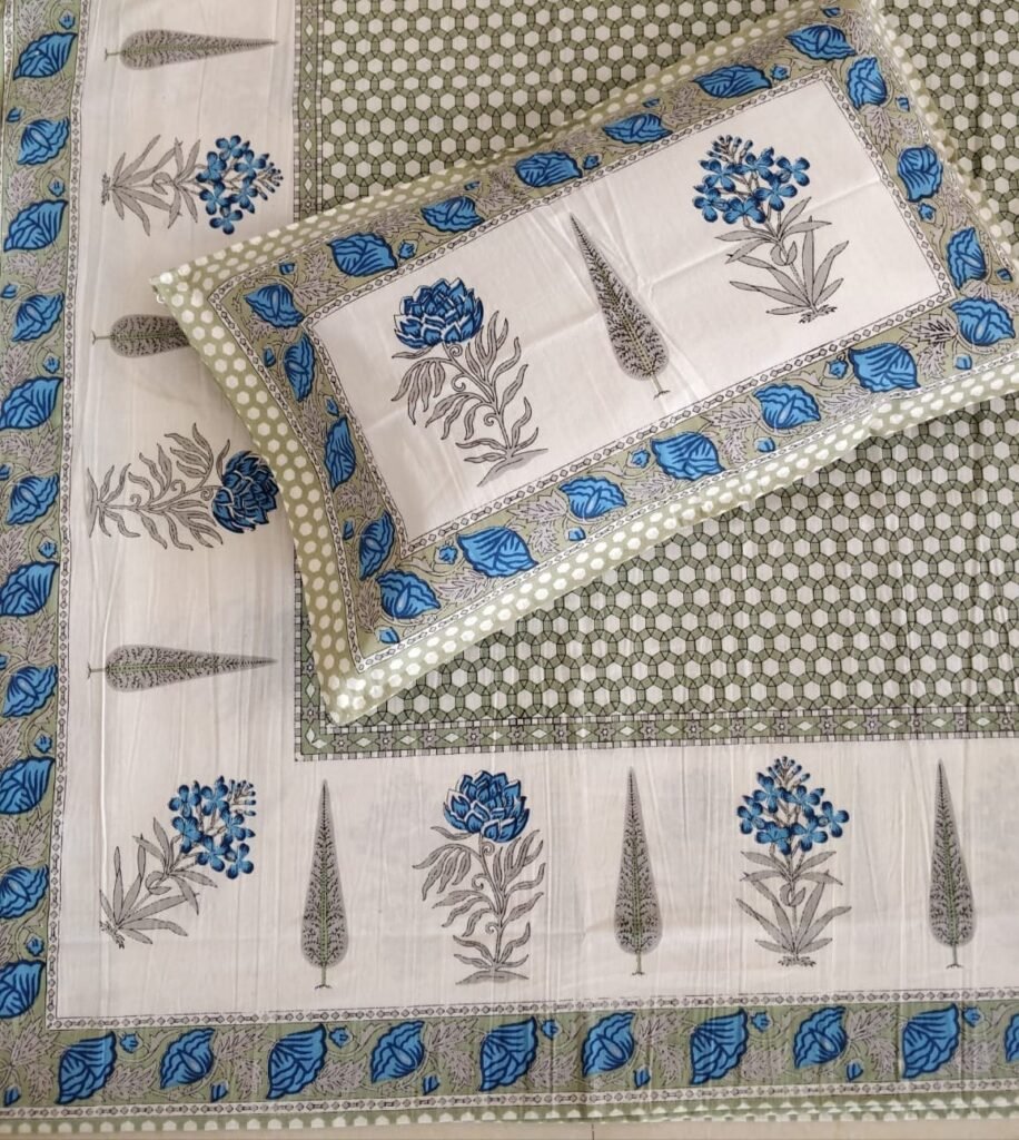 Hand Block Blue Qery Print Bed Sheet